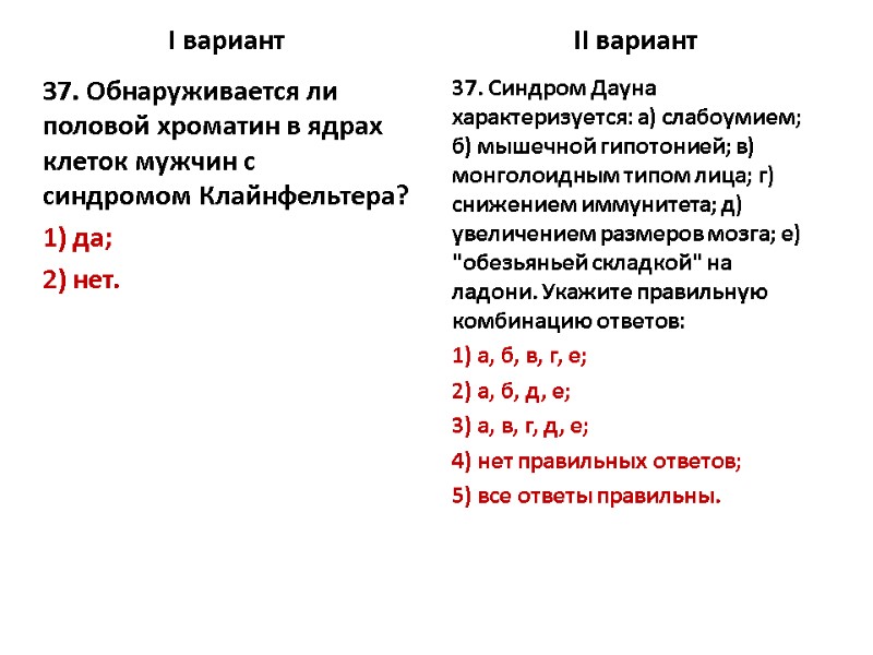 I вариант 37. Обнаруживается ли половой хроматин в ядрах клеток мужчин с синдромом Клайнфельтера?